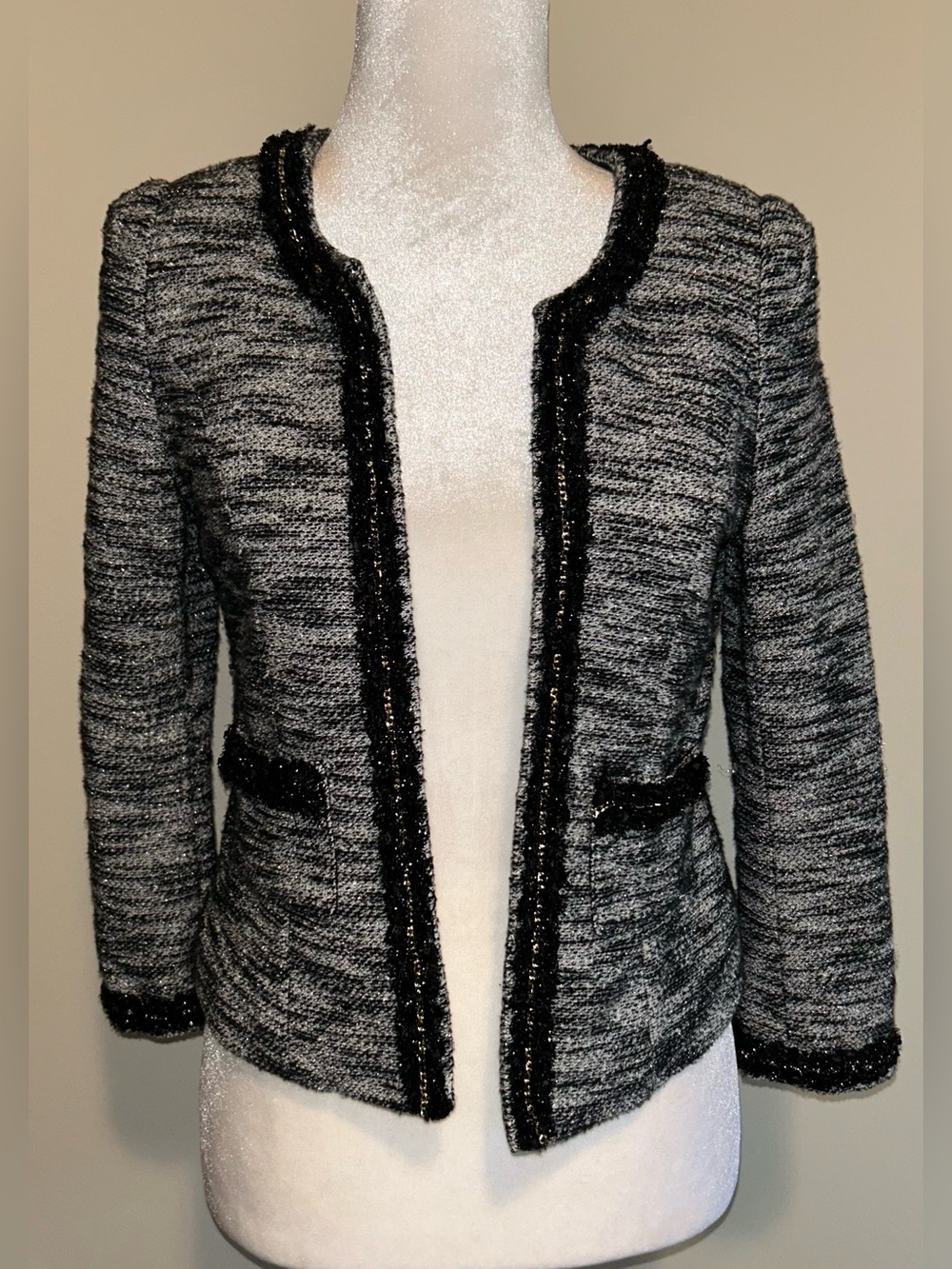 Gibson Black & Gray Bouclé Open-Front Blazer